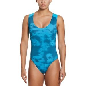 NWT Nike Swim Women's High Neck Zip Back Mesh Cutout One Piece Blue Small